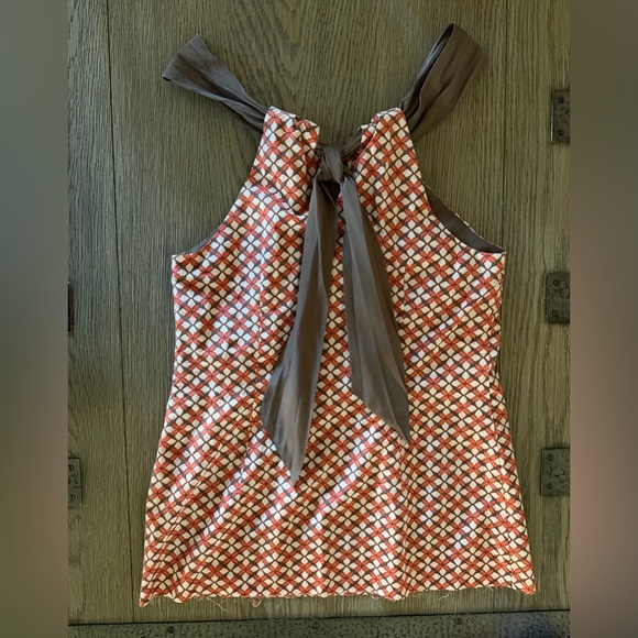 Tommy Bahama Sample Silk Cotton Blend Raw Hem Orange/Brown and White Floral Top - Picture 2 of 6